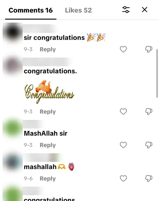 TikTok comments congratulating the mentor on a funded trader reward